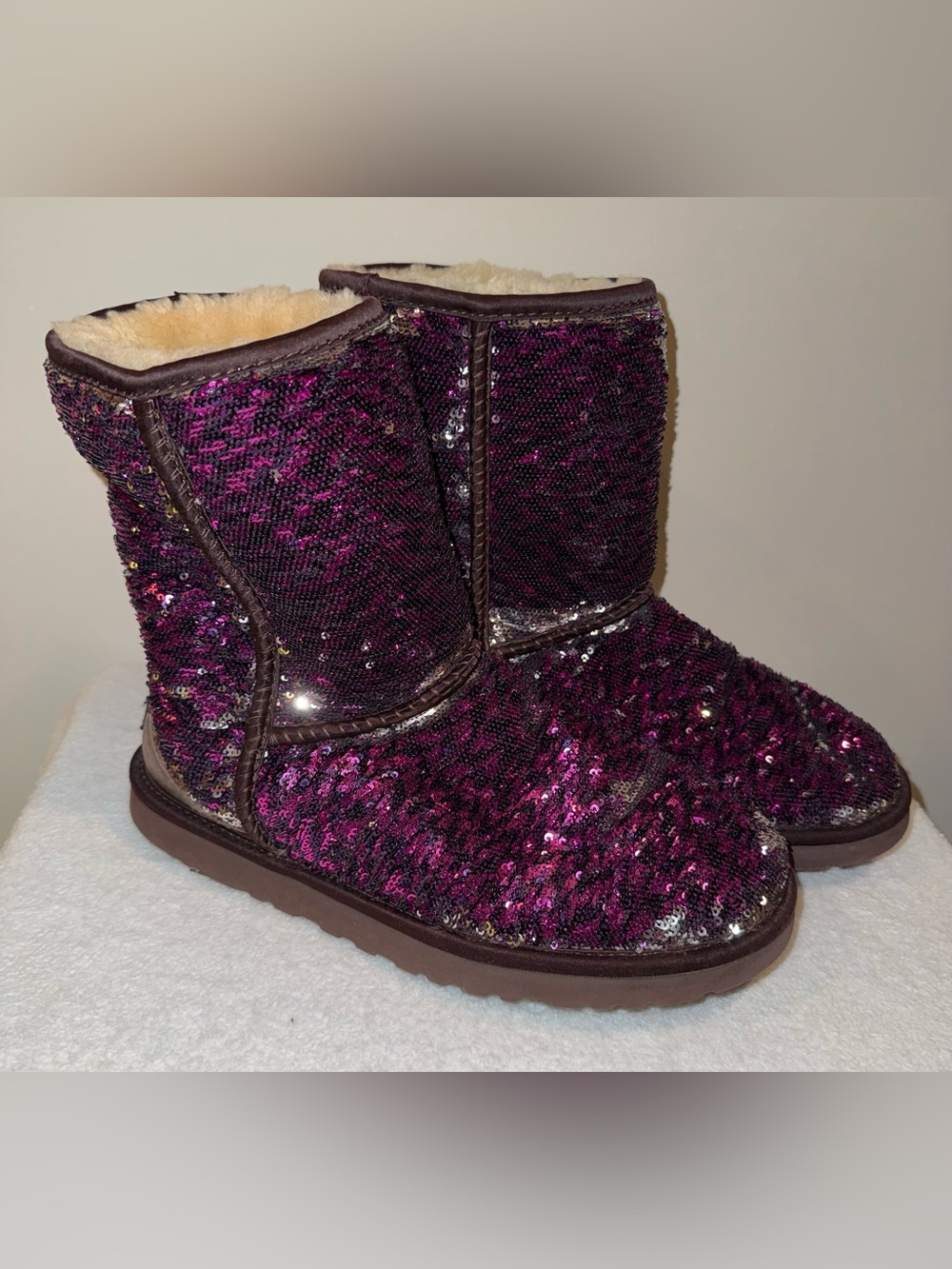 UGG Limited Edition purple and silver reversible sequin boots, size 8